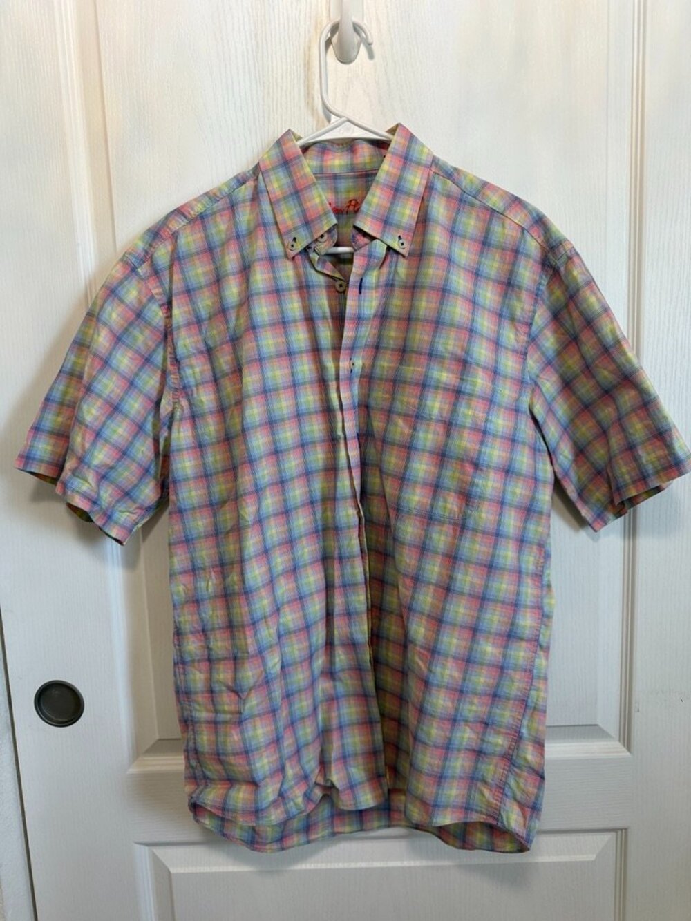 Alan Flusser Men’s Medium Pastel Multicolor Plaid Short Sleeve Button Down Shirt